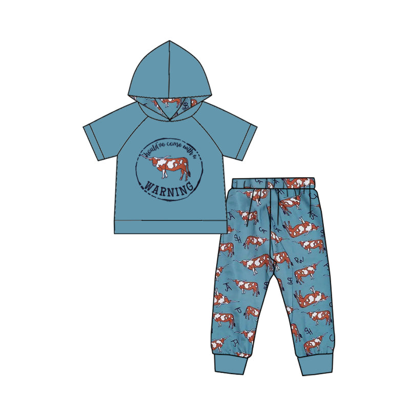 (Custom Design Preorder MOQ 5) Blue Warning Hoodie Top Cow Pants Boys Western Clothes Set