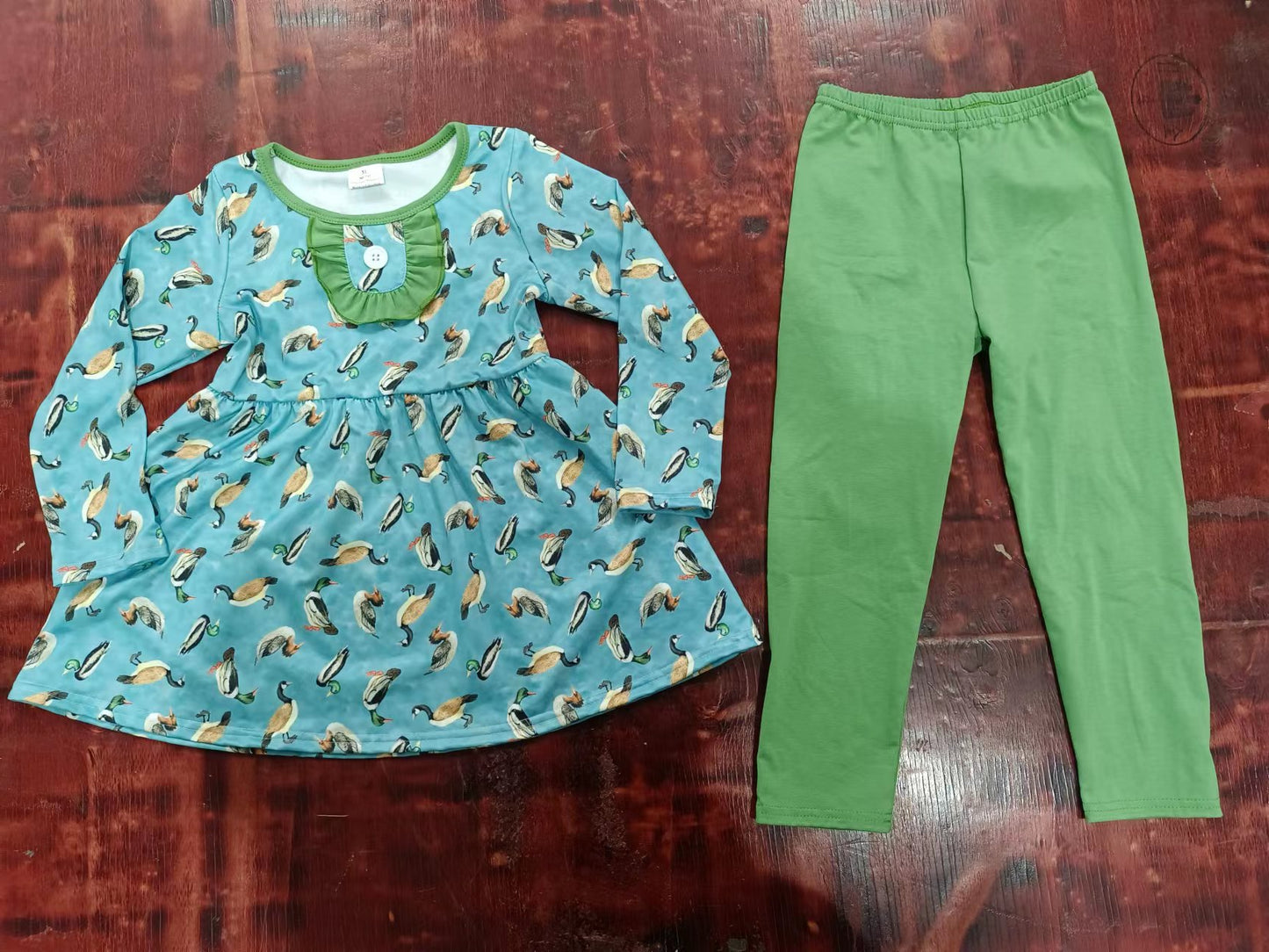 (Custom Design Preorder MOQ 5) Duck Print Tunic Top Green Legging Pants Girls Clothes Set