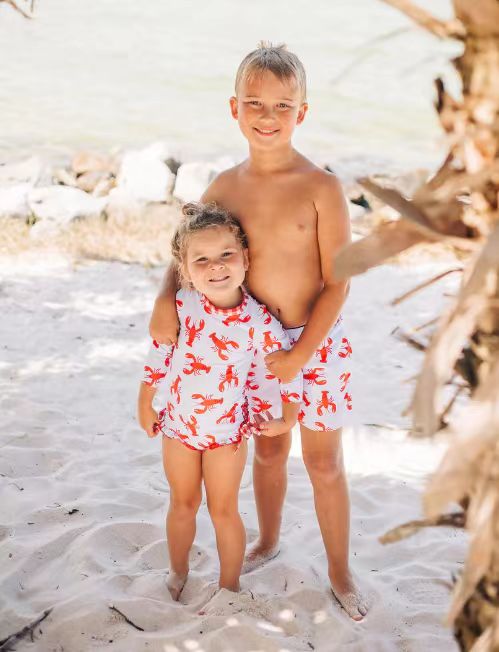 S0220 Crayfish Print Girls Long Sleeve 1 Pieces Zipper Swimsuits