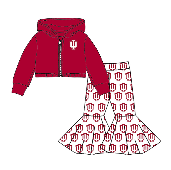 (Custom Design Preorder MOQ 5) Red Football Print Girls Jacket Top White Bell Pants Clothes Set