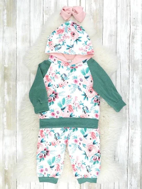 (Custom Design Preorder MOQ 5) Flowers Girls Hoodie Clothes Set