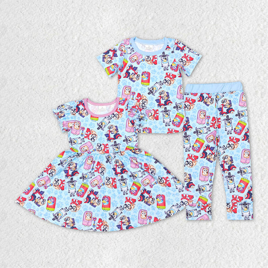 Blue Cartoon Dog Print Sibling Matching Clothes