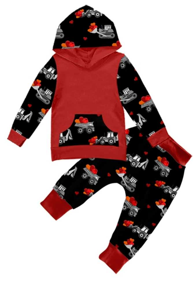 (Custom Design Preorder MOQ 5) Construction Heart Print Boys Valentine's Hoodie Clothes Set