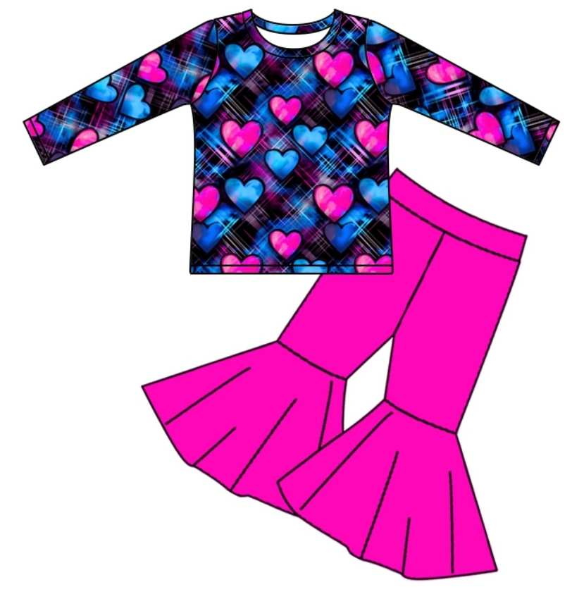 (Custom Design Preorder MOQ 5) Heart Print Top Bell Pants Girls Valentine's Clothes Set