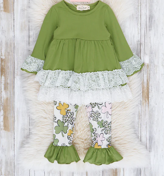 (Custom Design Preorder MOQ 5) Green Ruffles Tunic Top Quatrefoil Legging Pants Girls St. Patrick's Clothes Set