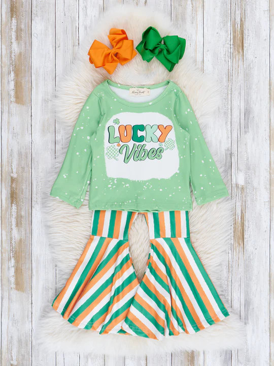 (Custom Design Preorder MOQ 5) Lucky Vibes Top Stripes Bell Pants Girls St. Patrick's Clothes Set