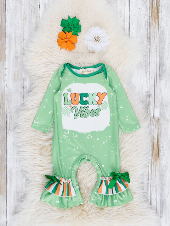 (Custom Design Preorder MOQ 5) Lucky Vibes Baby Girls St. Patrick's Romper
