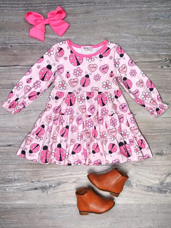 (Custom Design Preorder MOQ 5) Ladybird Pink Heart Print Girls Valentine's Knee Length Dress