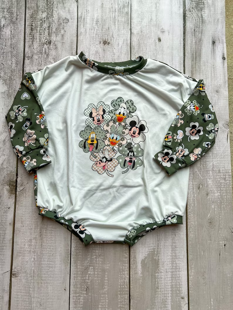 (Custom Design Preorder MOQ 5) Cartoon Animals Quatrefoil Baby Kids St. Patrick's Romper