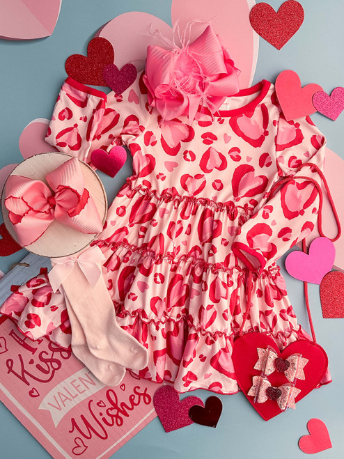(Custom Design Preorder MOQ 5) Heart Print Girls Valentine's Knee Length Dress