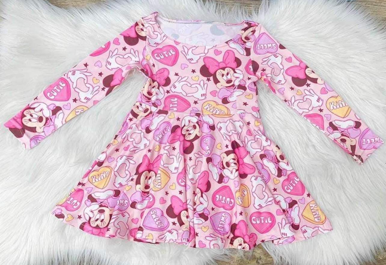 (Custom Design Preorder MOQ 5) Cartoon Mouse Pink Heart Print Girls Valentine's Knee Length Dress