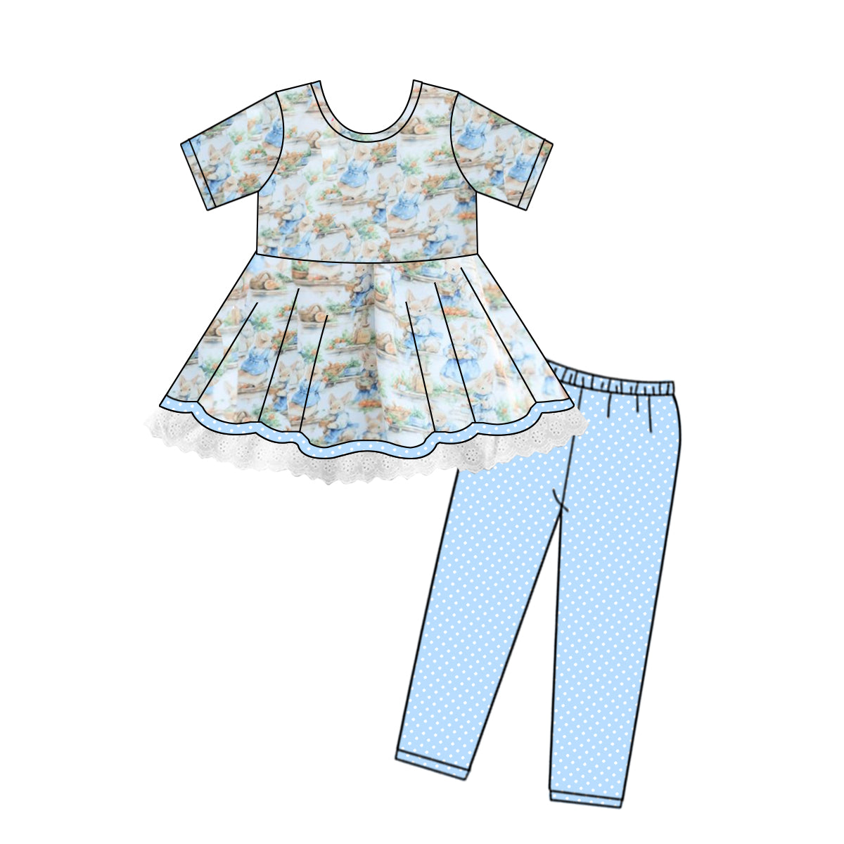 (Custom Design Preorder MOQ 5) Blue Bunny Tunic Top Dots Legging Pants Girls Easter Clothes Set