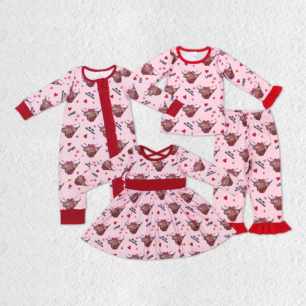 Highland Cow Heart Love Print Girls Valentine's Sisters Matching Clothes