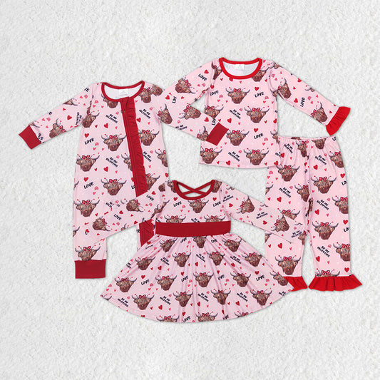 Highland Cow Heart Love Print Girls Valentine's Sisters Matching Clothes