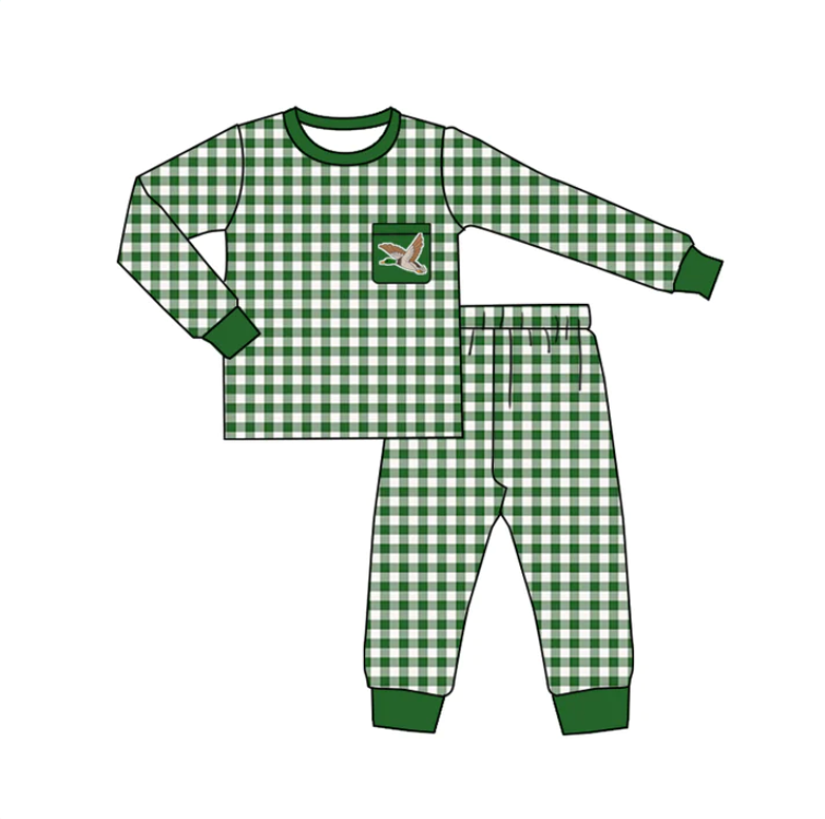 (Custom Design Preorder MOQ 5) Green Plaid Duck Print Boys Pajamas Clothes Set