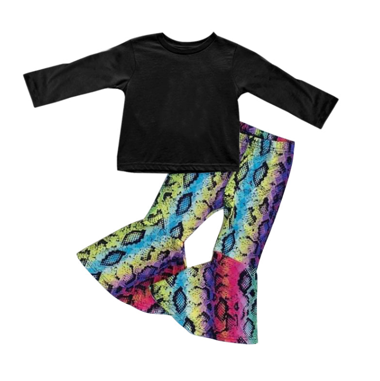 (Custom Design Preorder MOQ 5) Black Top Snake Skin Bell Pants Girls Clothes Set