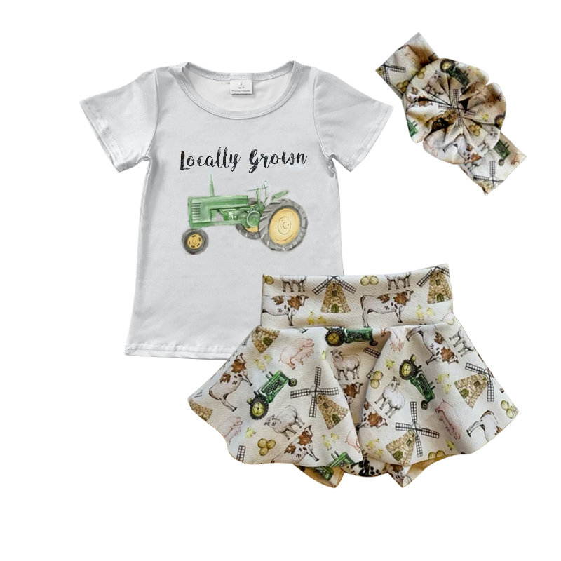 (Custom Design Preorder MOQ 5) Tractors Farm Animals Print Baby Girls Bummie Set
