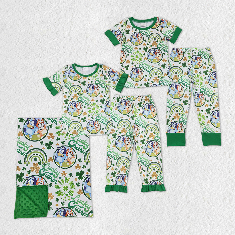Cartoon Dog Green Quatrefoil Lucky Print Pajamas Sibling St. Patrick's Matching Clothes