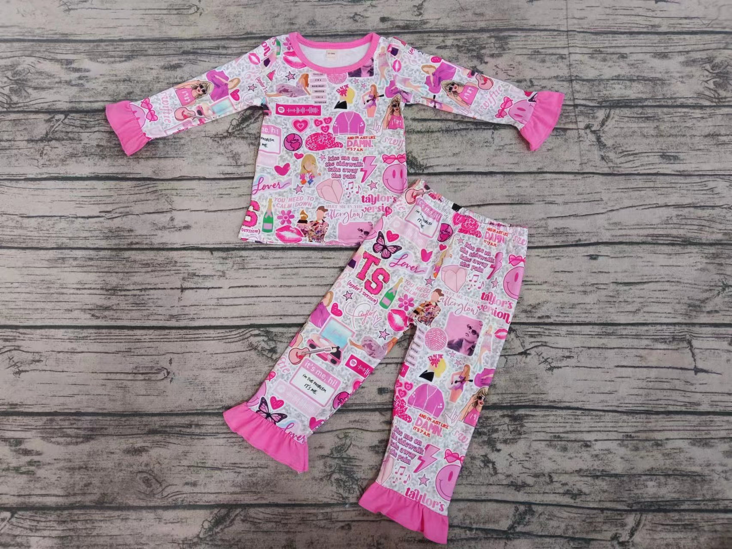 (Custom Design Preorder MOQ 5) Pink Singer Print Girls Pajamas Clothes Set