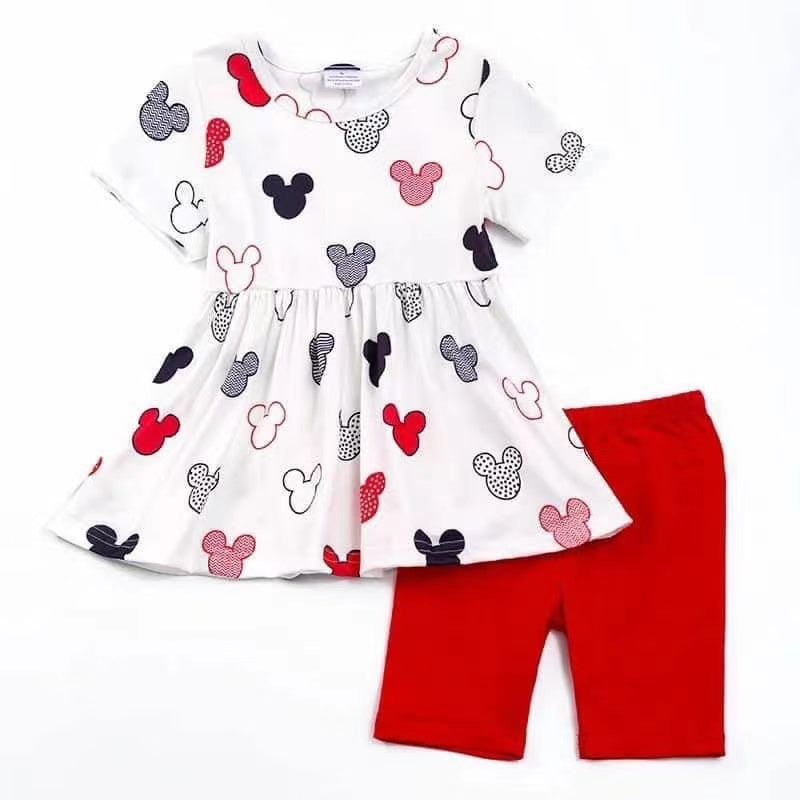 (Custom Design Preorder MOQ 5) Cartoon Mouse Tunic Top Red Shorts Girls Summer Clothes Set