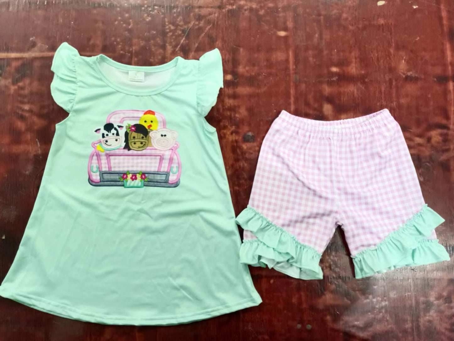 (Custom Design Preorder MOQ 5) Farm Animals Print Girls Summer Clothes Set