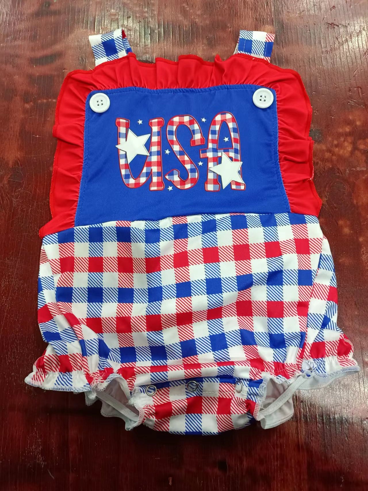 (Custom Design Preorder MOQ 5) USA Star Print Baby Girls 4th of July Romper