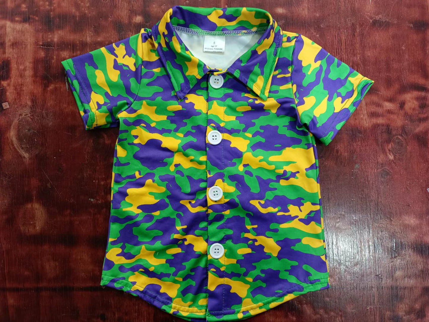 (Custom Design Preorder MOQ 5) Green Purple Yellow Camo Print Boys Mardi Gras Tee Shirts Top