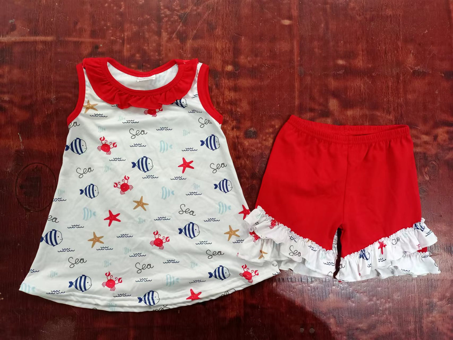 (Custom Design Preorder MOQ 5) Fish Print Girls Summer Clothes Set