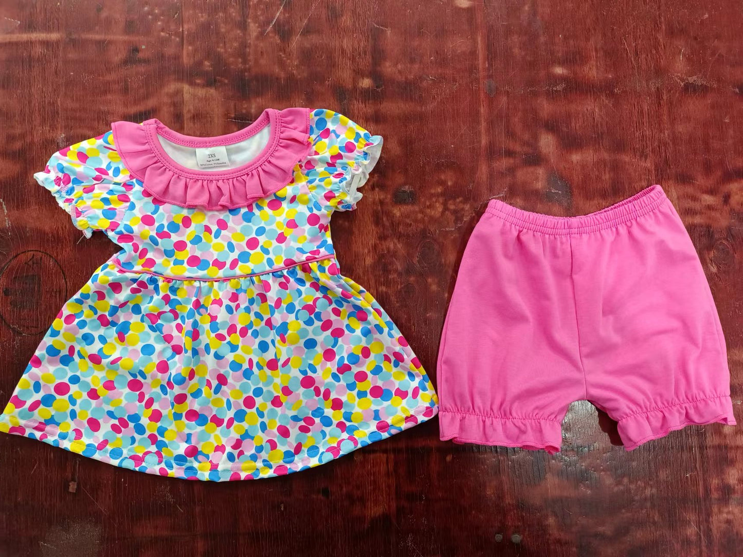 (Custom Design Preorder MOQ 5) Colorful Dots Print Girls Summer Clothes Set