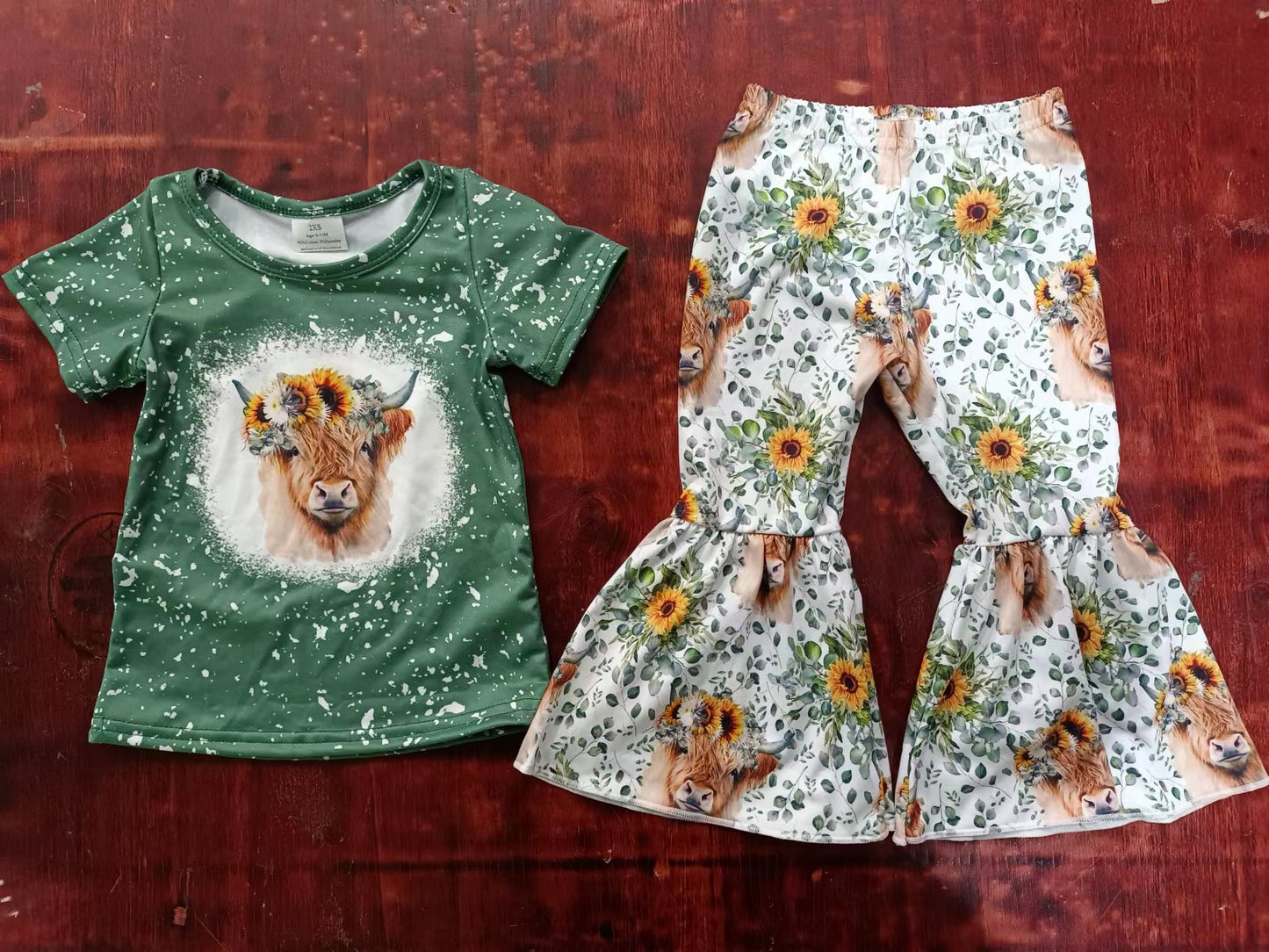 (Custom Design Preorder MOQ 5) Highland Cow Sunflowers Print Girls Clothes Set