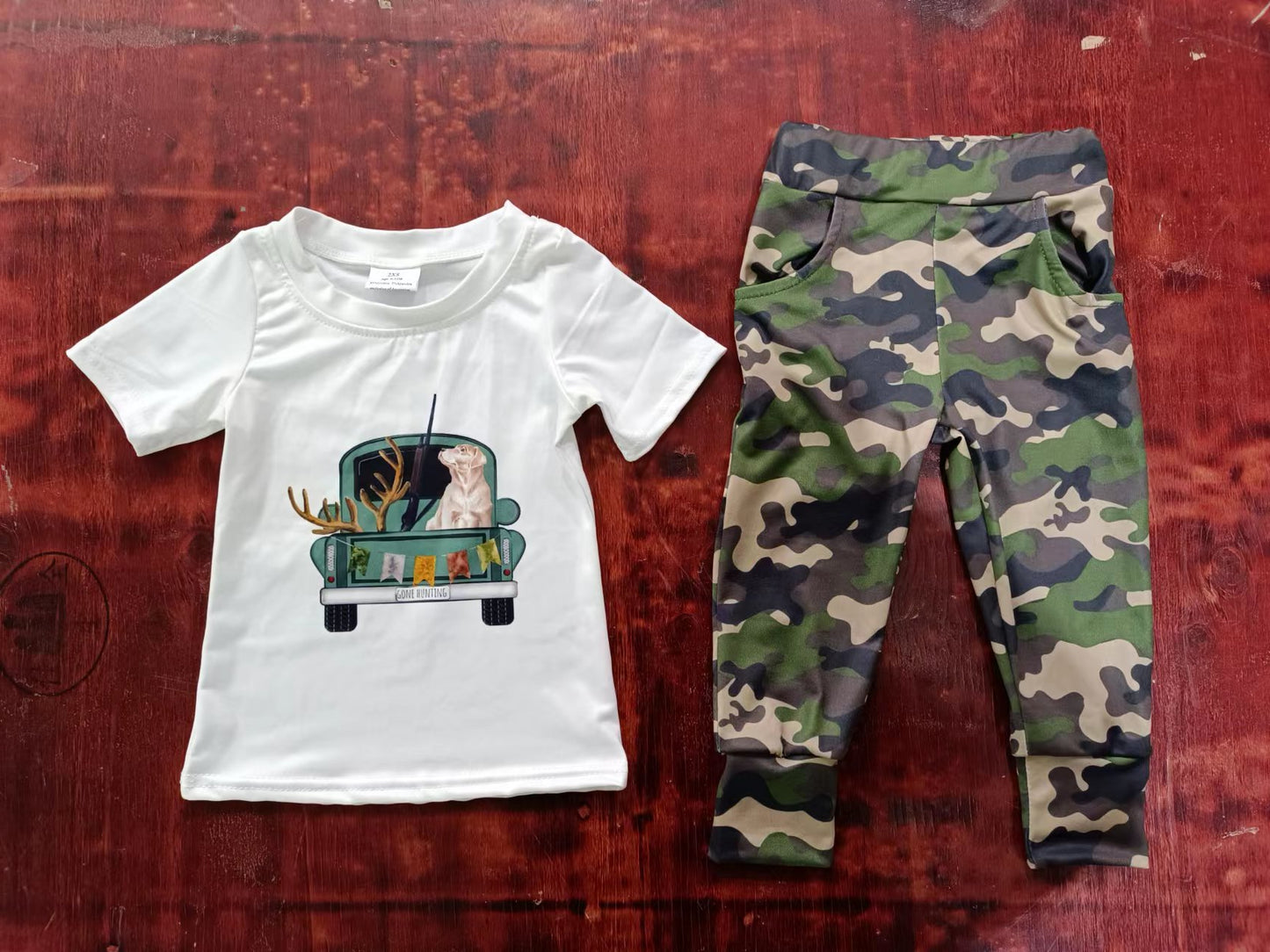 (Custom Design Preorder MOQ 5) Dog Truck Top Camo Pants Boys Hunting Clothes Set