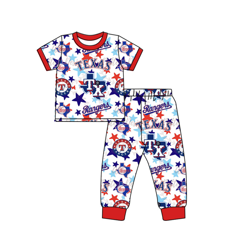 (Custom Design Preorder MOQ 5) Western Stars TEXAS Print Short Sleeve Kids Pajamas Clothes Set