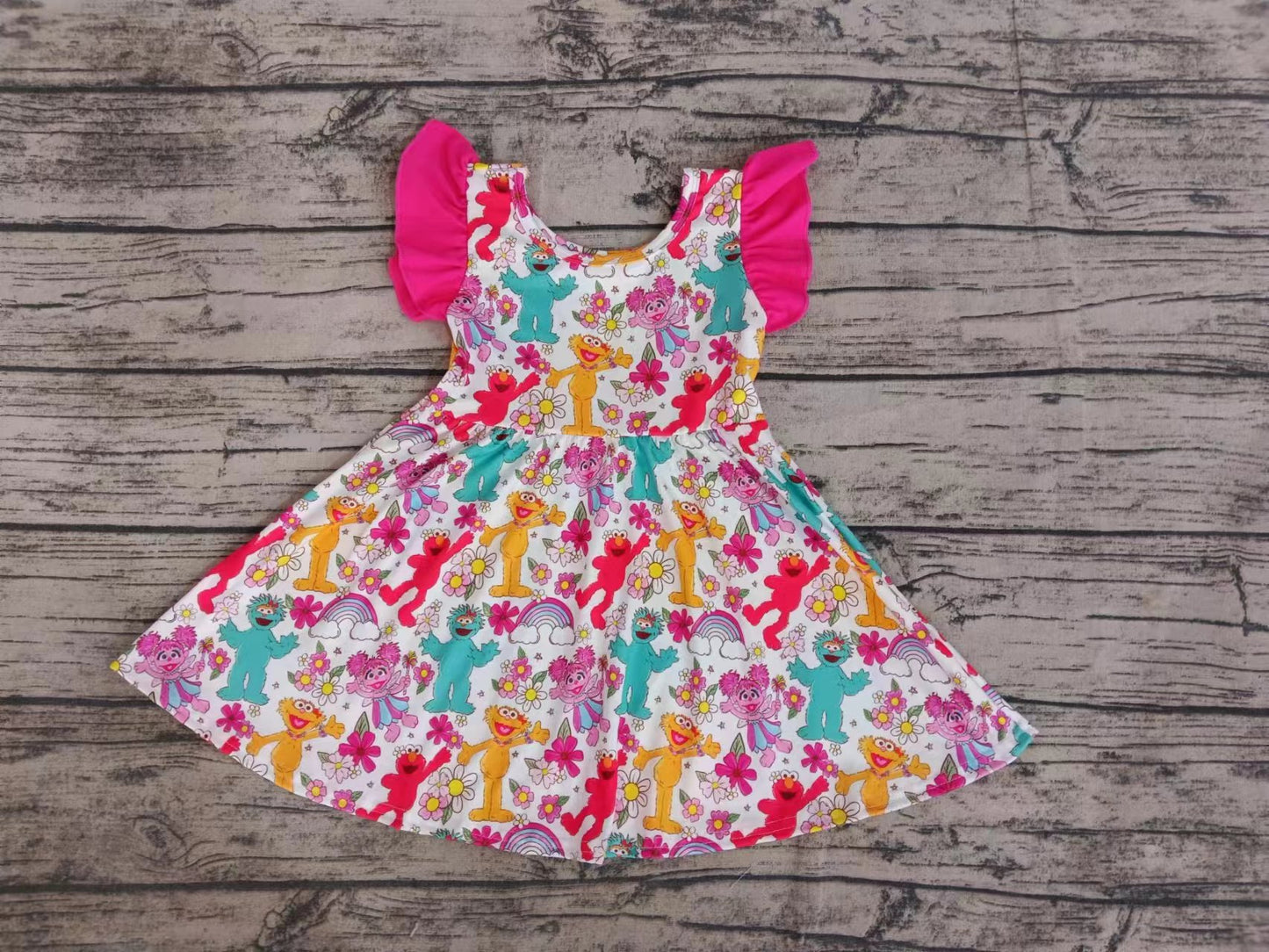 (Custom Design Preorder MOQ 5) Flowers Cartoon Monster Print Girls Summer Knee Length Dress