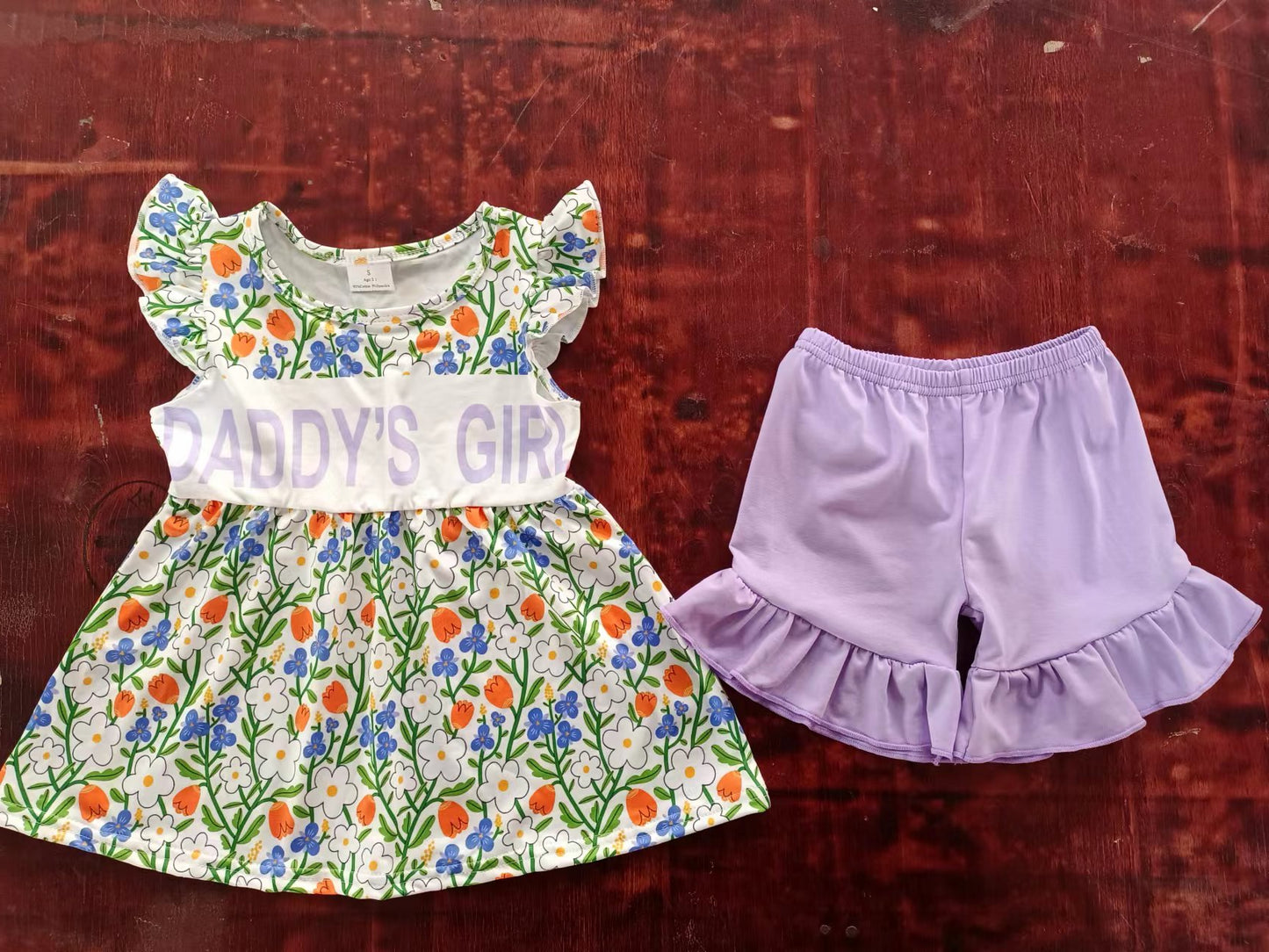 (Custom Design Preorder MOQ 5) DADDY'S GIRL Flowers Print Tunic Top Purple Shorts Girls Summer Clothes Set