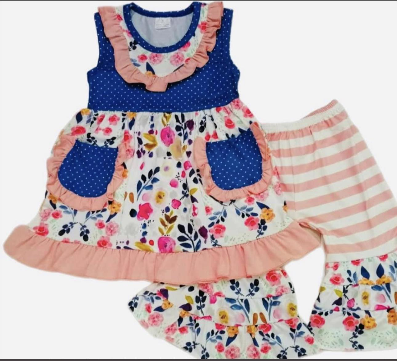 (Custom Design Preorder MOQ 5) Flowers Pockets Tunic Top Capri Bell Pants Girls Clothes Set