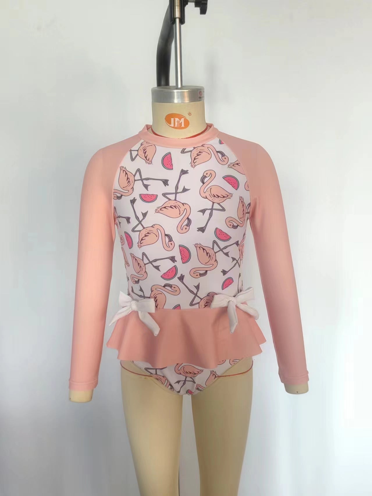 S0245 Flamingo Print Girls 1 Piece Long Sleeve Zipper Swimsuits