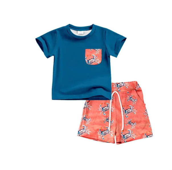 (Custom Design Preorder MOQ 5) Blue Pocket Top Crab Shorts Boys Summer Clothes Set