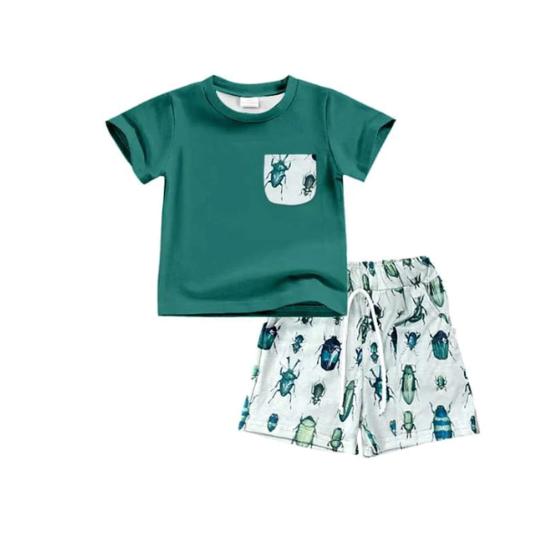 (Custom Design Preorder MOQ 5) Green Pocket Top Beetle Shorts Boys Summer Clothes Set