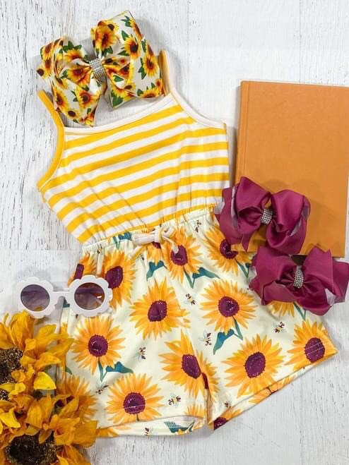 (Custom Design Preorder MOQ 5) Yellow Sunflowers Print Girls Summer Jumpsuits