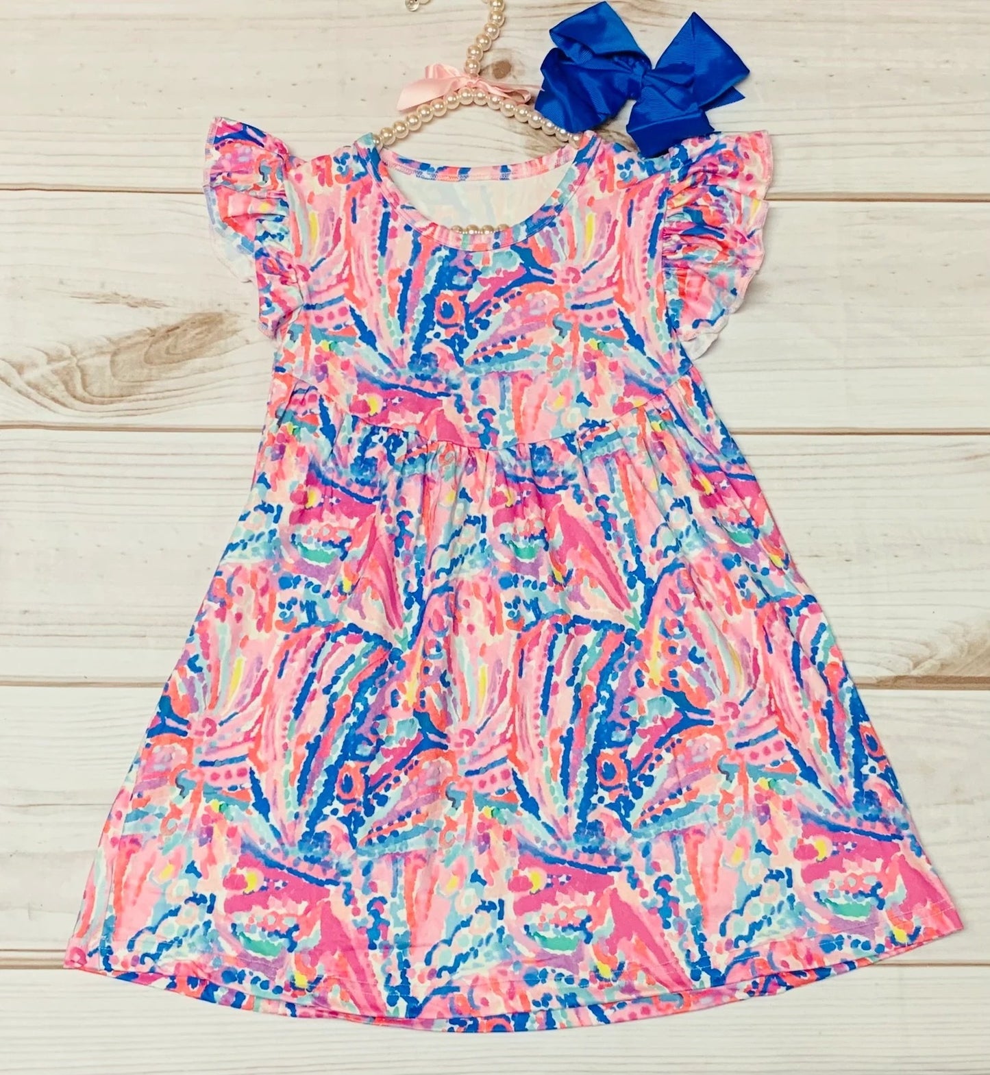 (Custom Design Preorder MOQ 5) Pink Flowers Print Girls Summer Knee Length Dress