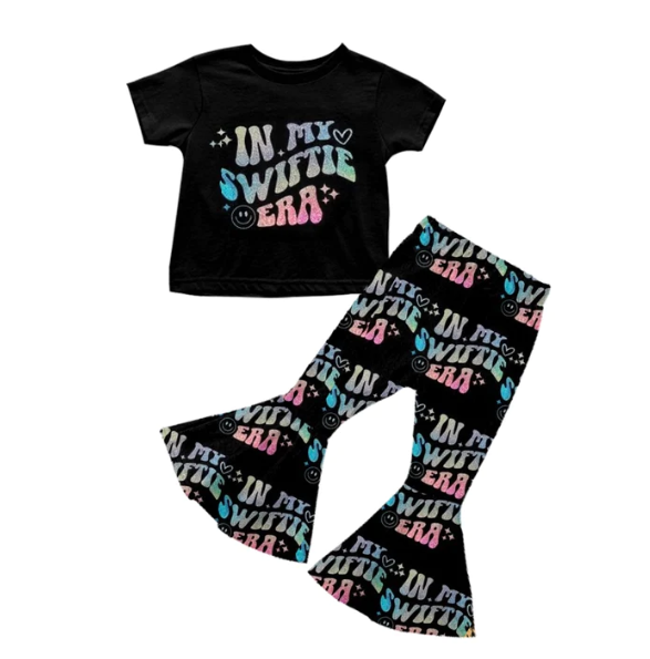 (Custom Design Preorder MOQ 5) Singer Black Print Girls Bell Pants Clothes Set