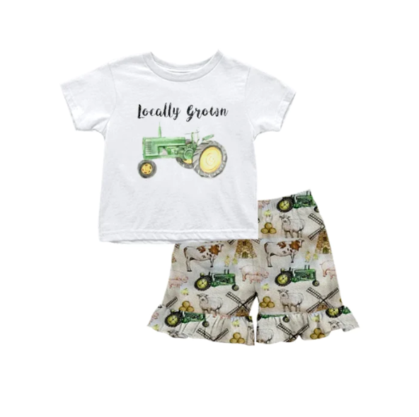 (Custom Design Preorder MOQ 5) Farm Tractor Top Ruffle Shorts Girls Summer Clothes Set