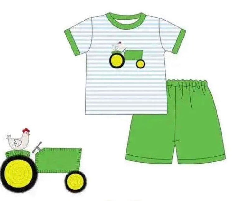 (Custom Design Preorder MOQ 5) Tractor Top Green Shorts Boys Summer Clothes Set