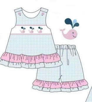 (Custom Design Preorder MOQ 5) Whale Ruffles Tubuc Top Shorts Girls Summer Clothes Set
