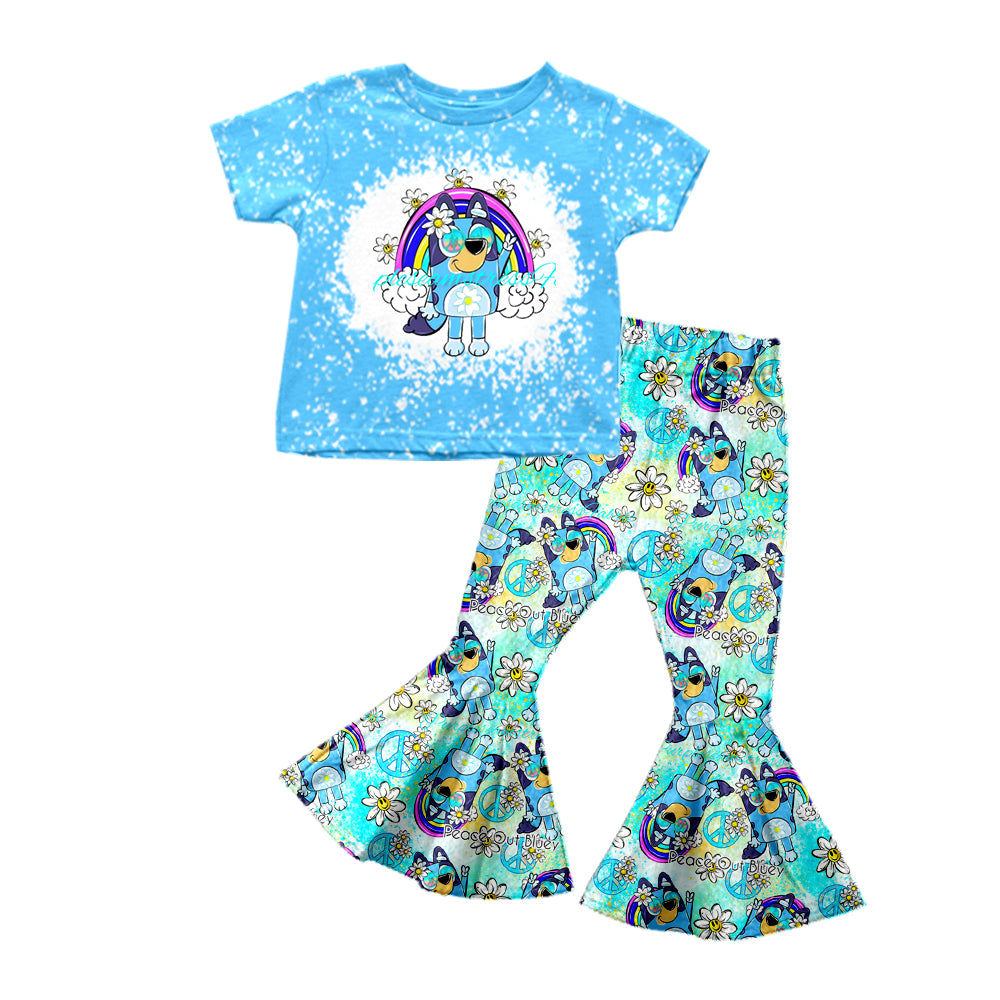 (Custom Design Preorder MOQ 5) Blue Cartoon Dog Flowers Print Girls Bell Pants Clothes Set