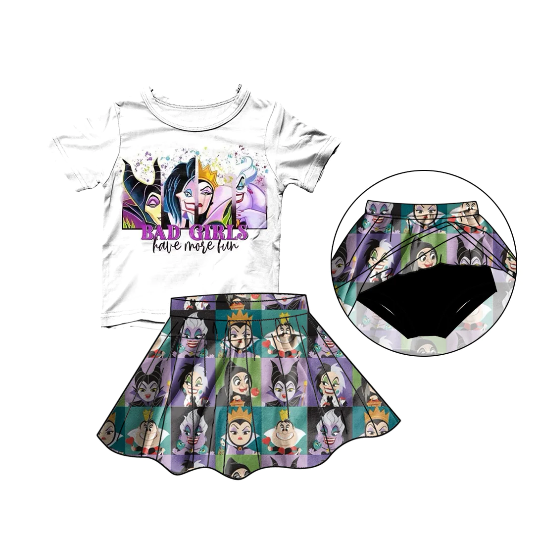 (Custom Design Preorder MOQ 5) Cartoon Character Print Top Skirts With Shorts Girls Summer Clothes Set
