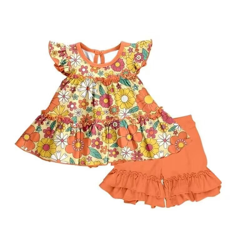 (Custom Design Preorder MOQ 5) Orange Flowers Top Ruffles Shorts Girls Summer Clothes Set
