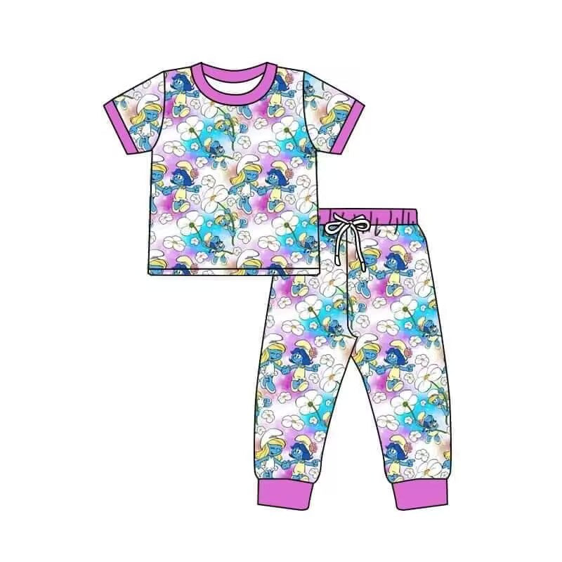 (Custom Design Preorder MOQ 5) Cartoon Figure Flowers Print Girls Pajamas Clothes Set