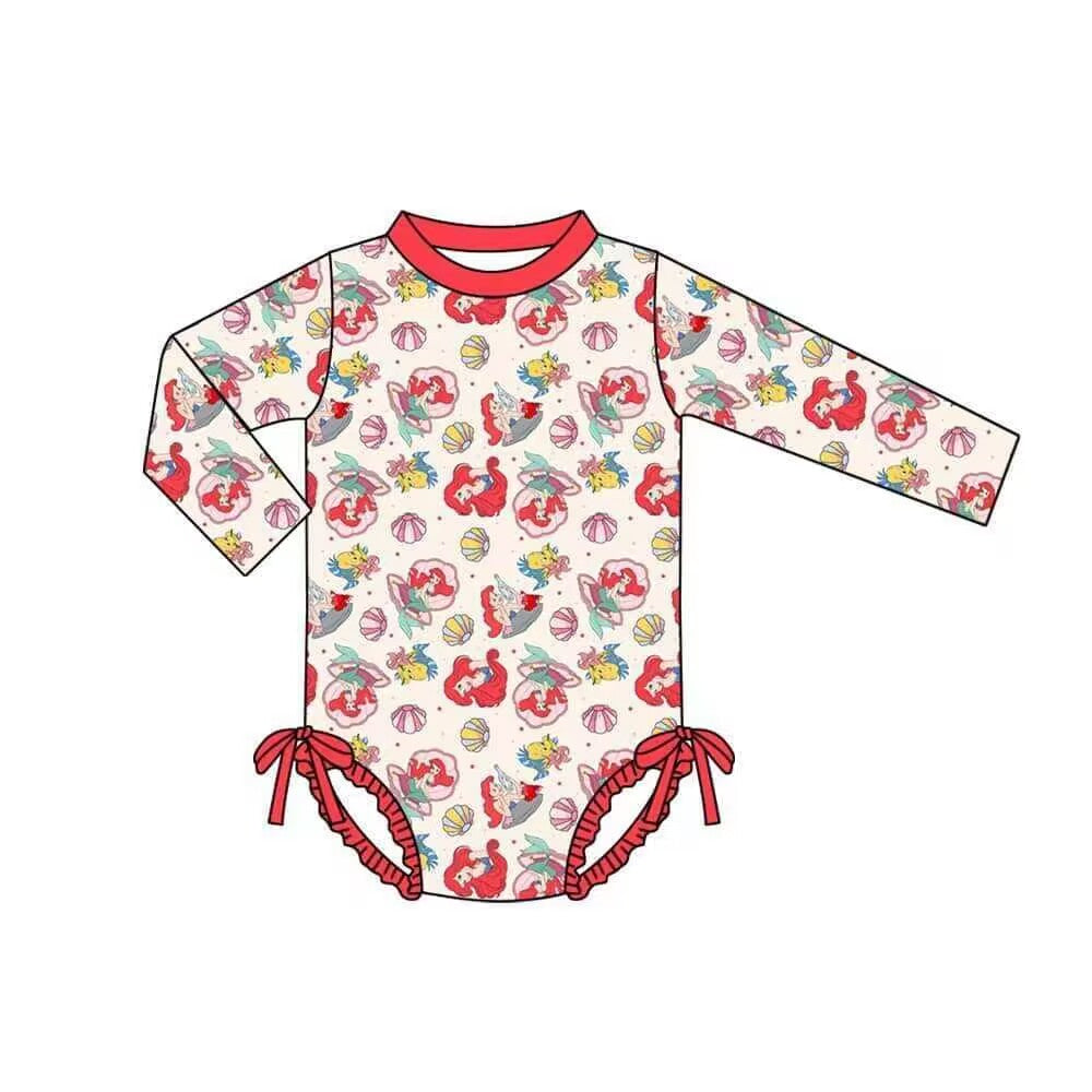 (Custom Design Preorder MOQ 5) Cartoon Mermaid Print Girls 1 Piece Long Sleeve Swimsuits
