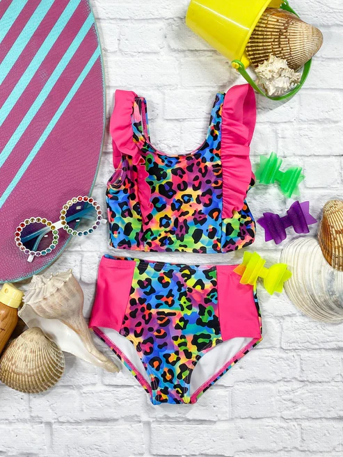 (Custom Design Preorder MOQ 5) Colorful Leopard Print Girls 2 Pieces Swimsuits